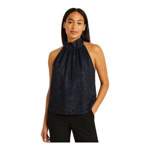 J Crew Womens Tie Neck in Metallic Lance Top~Size M~Midnight Blue Blouse L15 16